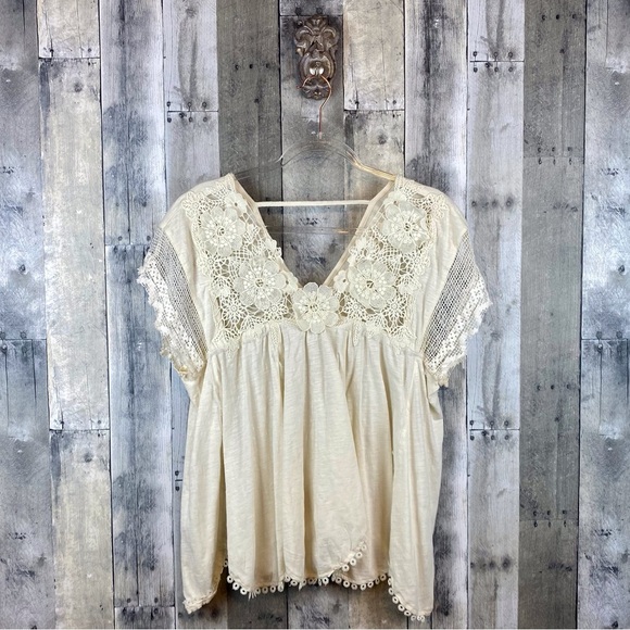 By Anthropologie V-Neck Lace Swing Top in Cream Ivory Size Medium. - Picture 2 of 16